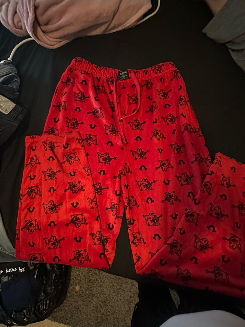 True Religion Red Lounge Pants with Black Logo Print